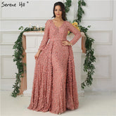 Blush Pink Long Sleeves Evening Dresses Handmade Flowers Pearls LA6650