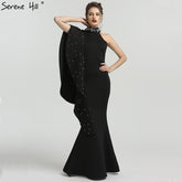 Robe de soirée sirène noire à col montant et perles, élégante, sans manches, longue, QA8024