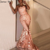 En oferta, sin devoluciones ni reembolsos. Vestidos de noche elegantes, sexis y de sirena color melocotón con flores hechas a mano y hombros descubiertos LA6667