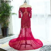 Off Shoulder Sexy Mermaid Evening Dress Lace Half Sleeves Photography HA2139