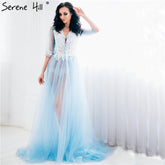 Robe de soirée bleue transparente à manches longues, taille personnalisée, grande taille HA2098