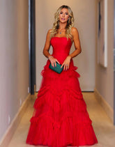 Robe de bal bustier trapèze en tulle à volants