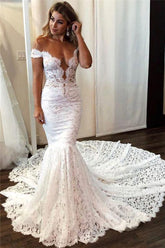 Romantic Long Off the Shoulder Appliques Lace Mermaid Wedding Dress