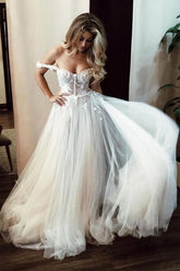 See-Through Off Shoulder Ivory Long Wedding Dress with Appliques WD363