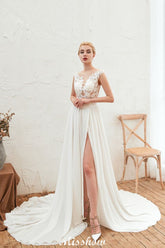 Sexy High Split Cap Sleeve Wedding Dress Sheer Back Ivory Lace Bridal Gown