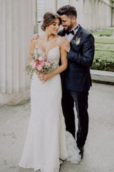 Sexy Spaghetti Strap Sleeveless Mermaid Lace Wedding Dresses with Chapel Train