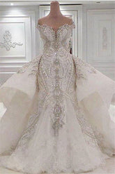 Sexy Strapless Crystals Mermaid Wedding Dresses with Overskirt Long Train