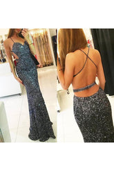 Dark Grey Open Back Mermaid Spaghetti Strap Sequins Long Prom Dresses