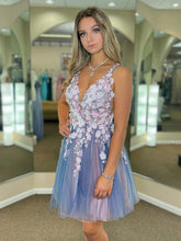 Short A-line V-neck Lace Floral Tulle Backless Formal Prom Homecoming Dresses