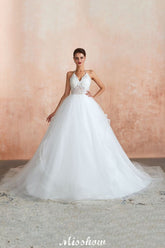 Simple Halter Ball Gown Open Back Lace Bridal Gown with Chapel Train