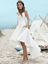 Simple High Low A-Line V-neck Spaghetti Straps Wedding Dress With Pockets