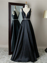 Simple Long A-line V-neck Backless Satin Prom Dress Black Formal Graduation Evening Dresses