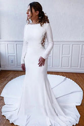 Simple Long Sheath Satin Illusion Lace Back Wedding Dress with Sleeves
