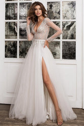 Simple Pleats Sequins V-neck Long Sleeve Brush A-Line Wedding Dresses