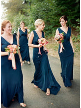 Baoleely Sheath Cheap Long V Neck Ink Blue Bridesmaid Dresses