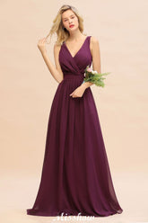 Sleeveless A-line Chiffon Bridesmaid Dress Floor-Length V-Neck Party Gown