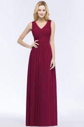 Sleeveless A-line V-neck Ruffled Chiffon Bridesmaid Dresses Floor Length Party Dress
