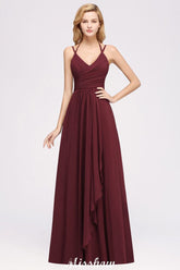 Spaghetti Sleeveless Ruffles A-line Chiffon Bridesmaid Dresses Straps Evening Maxi Dress