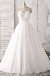 Vestido de novia blanco satinado hasta el suelo con escote corazón y tirantes finos WD143