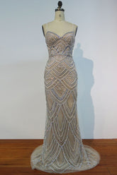 Spaghetti Sweetheart Mermaid Long Sequined Beading Prom Dresses with Pearls and Crystals