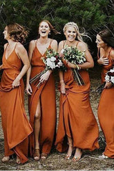 Straps A-Line V-Neck Orange Chiffon Bridesmaid Dress with Split BD064