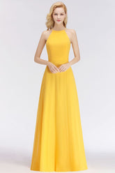 Stylish A-line Halter Sleeveless Floor Length Yellow Bridesmaid Dresses
