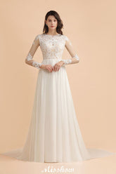 Stylish Crew Neck Lace Appliques Wedding Dress Long Sleeve Chiffon Simple Bridal Gown