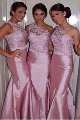 Gorgeous Pink Mermaid One Shoulder Long Bridesmaid Dresses with Lace