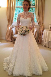 High Neckline Lace A line Long Sleeve Open Back Wedding Dress, Bridal Dresses