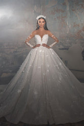 Trendy Floor Length V-Neck Long Sleeves A-Line Lace Wedding Dress with Appliques