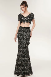 Two-piece Mermaid V-neck Short Sleeves Long Sequined Black Prom Dresses