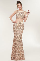 Two-piece Sleeveless Mermaid Floor Length Sequined Champagne Prom Dresses