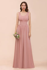 U-Neck High Waist Bridesmaid Dress Long Chiffon Formal Party Dress