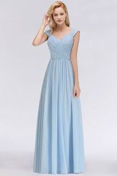 V-Neck Chiffon aline Bridesmaid Dress Sky Blue Floor Length Evening Swing Dress