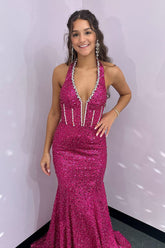 Sylvana | Robe de bal longue sirène à sequins et perles, col V et dos nu