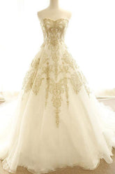 Wedding Dresses Ivory Gold Appliques Sweep/Brush Train Bridal Gown WD430