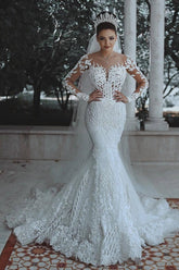 White Long Mermaid Lace Wedding Dresses with Sleeves