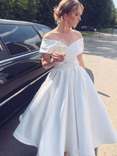 White Short A-line Off the Shoulder Tea Length Satin Wedding Dresses