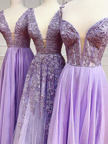 A Line Plunge V Neck Lace Chiffon Prom Dress