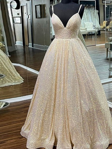 Robe de bal longue à sequins, coupe trapèze, col en V