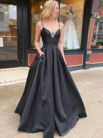A Line Black  V Neck Long Prom Dress