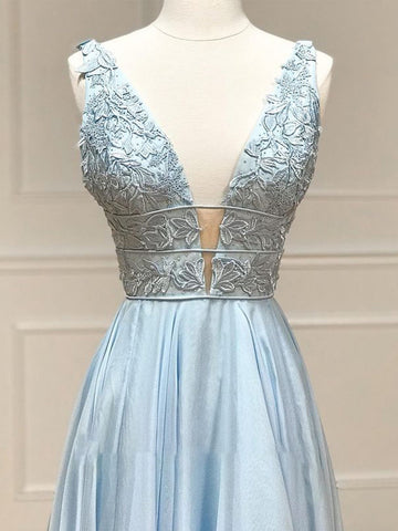 A Line Plunge V Neck Lace Chiffon Prom Dress