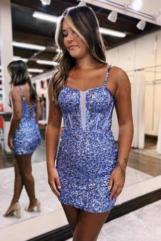 Vestido de fiesta azul real con corsé, lentejuelas y tirantes finos brillantes