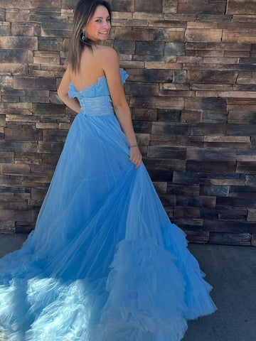 Robe de bal longue rose en tulle à volants, coupe trapèze, sans bretelles