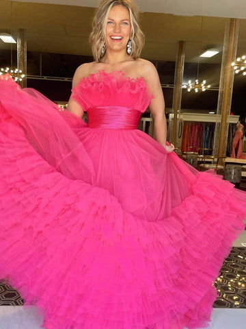 Robe de bal longue rose en tulle à volants, coupe trapèze, sans bretelles