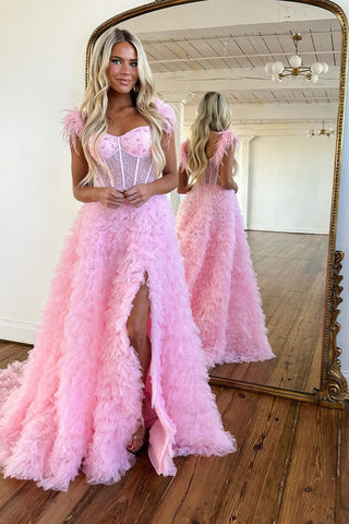 A Line Sweetheart Tiered Tulle Long Prom Dress With Slit