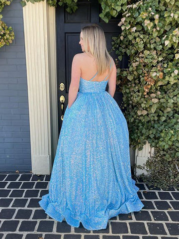 Vestido de fiesta de lentejuelas con un solo hombro, corte en A y bolsillos