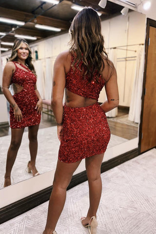 Vestido corto rojo de lentejuelas brillantes con un solo hombro y abertura para baile de bienvenida