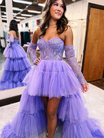 Robe de bal asymétrique trapèze sans bretelles en tulle à volants