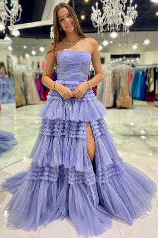 Robe de bal longue en tulle bustier coupe trapèze avec volants étagés
